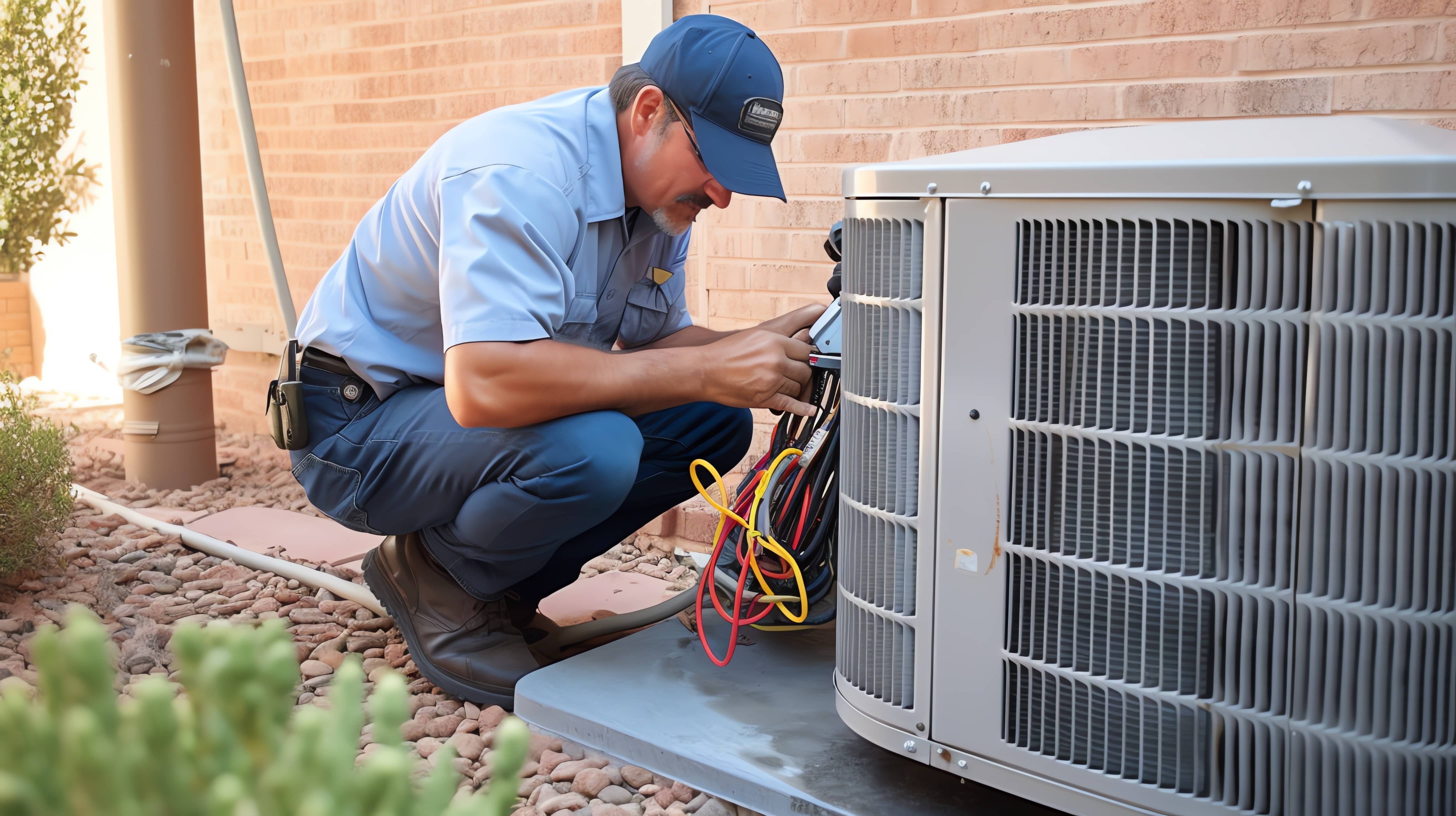 An HVAC technician servicing a residential A/C unit.